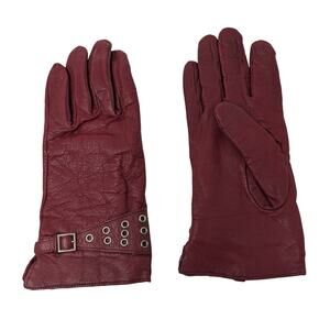 Anne Klein Red Leather Gloves Retro Glam Sze XL Lined Grommet Buckle City Winter